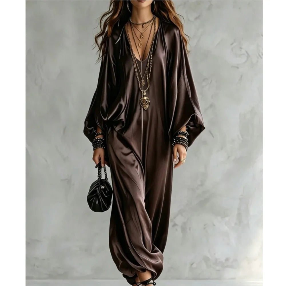 New Spring Autumn Solid V Neck Batwing Sleeve Loose Jumpsuit Women Fashion Satin Wide Leg Pants Jumpsuits Casual Holiday Rompers