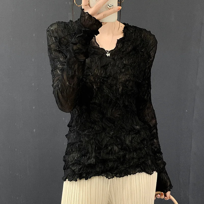 LANMREM Grey 2026 Spring Summer New Handmade Pleated Women's T-shirt Long Sleeve High Elastic Slimming Pullover Tops 2DB6772