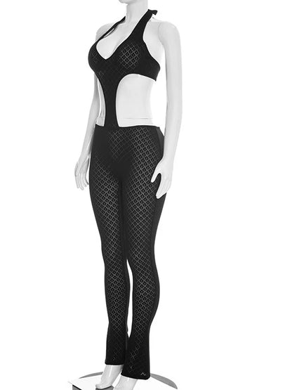 Beyprern Sexy Women's Black Knitted Bandage Skinny Jumpsuit New Ladies Halter Hollow Out One Pieces Rompers Clubwear Outfits