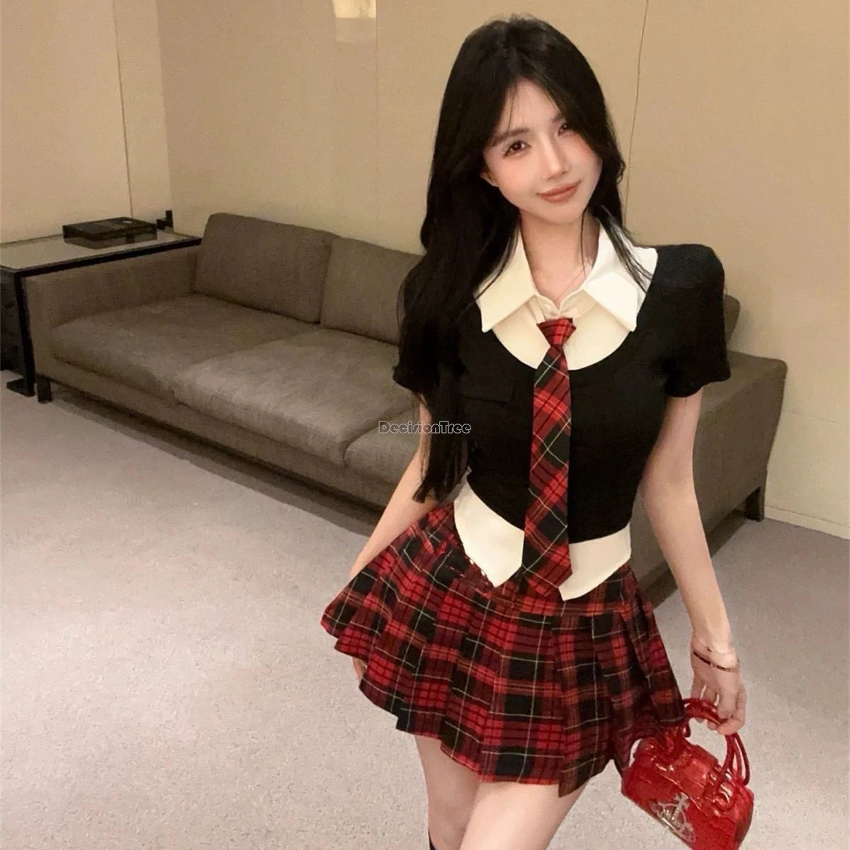 2025 korean style polo collar short-sleeved tops high-waisted jk plaid short skirts 2 piece summer girls  school uniform jk set
