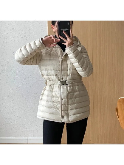 2025 Autumn Winter Luxury Lightweight Short Slim 90% White Duck Down Jacket Women Hooded Detachable Sash Warm Down Coat Fashion