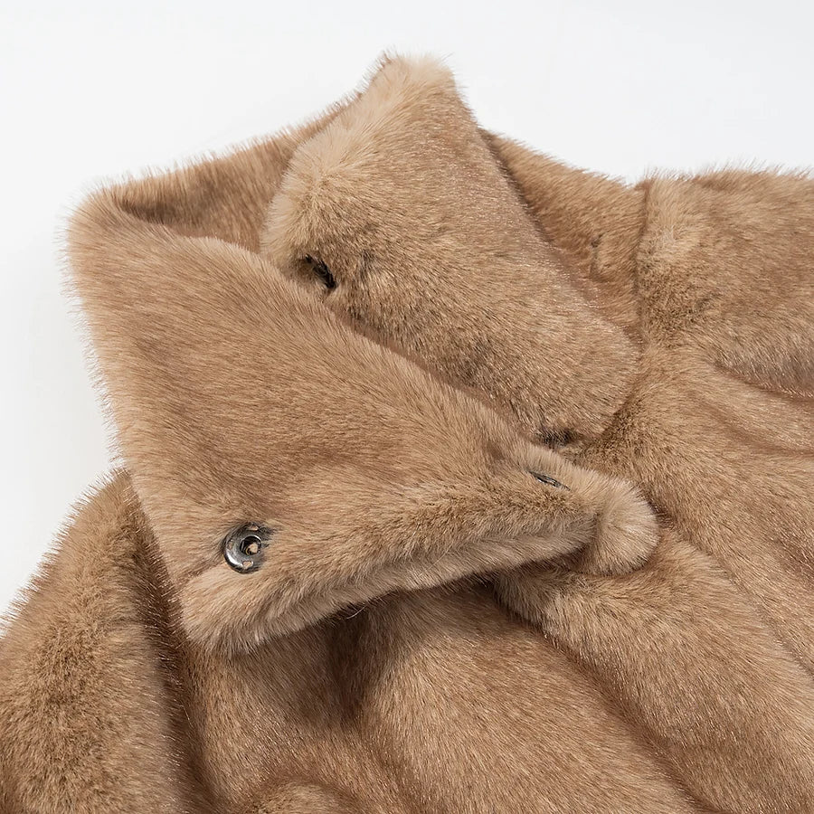 Winter Thick Sleeveless Faux Fur Jacket Women Vintage Stand Collar Waist Cinched Warm Coat Female Daily Commuting Street Outfits