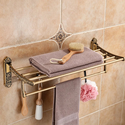 Aluminum Foldable Antique Brass Bath Towel Rack Active Bathroom Towel Holder Double Towel Shelf With Hooks Bathroom Accessories