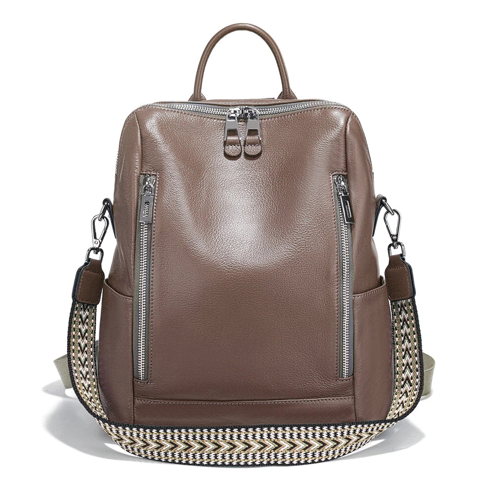 Zency Fashion Genuine Leather Backpack Knapsack Multi-pocket Day Pack Travel Convertible Shoulder Bag for Fall Winter Commuter