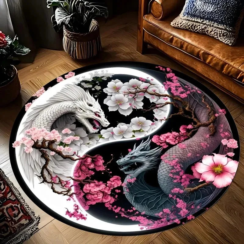 Dragon Yin Yang Mat for Decor, Harmony Design Flannel Carpet, Non-Slip Round Rug for Bedroom Study Living Room Meditation Space