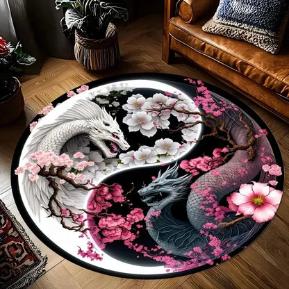 Dragon Yin Yang Mat for Decor, Harmony Design Flannel Carpet, Non-Slip Round Rug for Bedroom Study Living Room Meditation Space