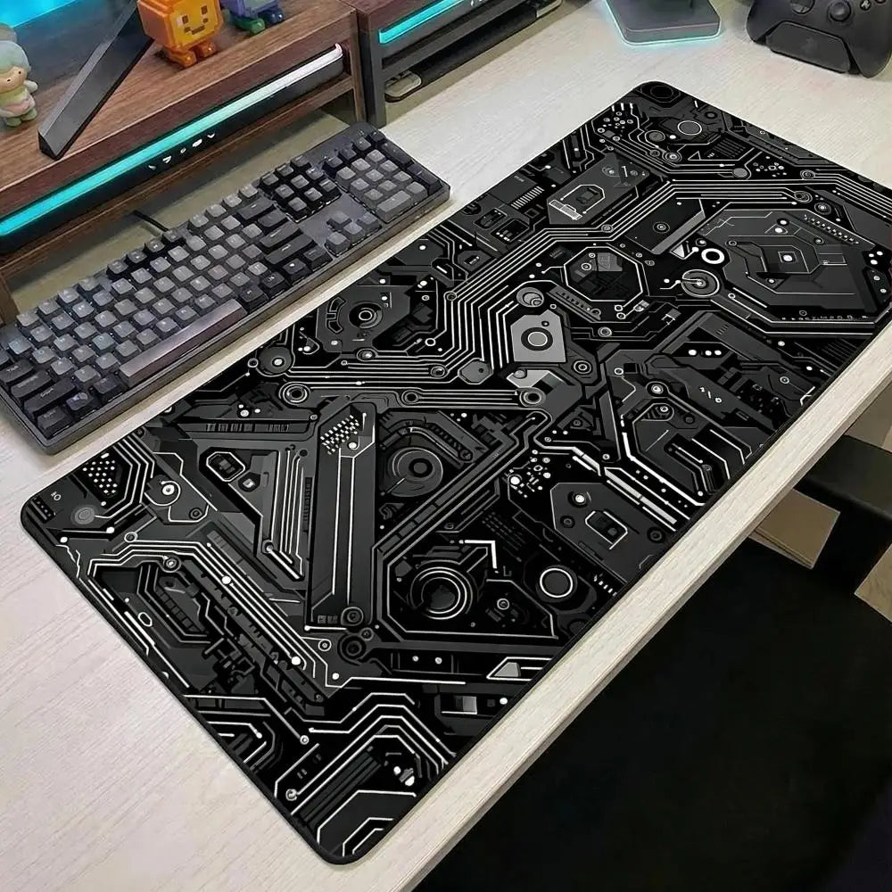 Black Circuit Print XXL 90x40 Gaming Mousepad Desk Mat Anti-slip Rubber Base Stitched Edge for Gamers Office Home Daily Use