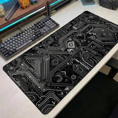 Black Circuit Print XXL 90x40 Gaming Mousepad Desk Mat Anti-slip Rubber Base Stitched Edge for Gamers Office Home Daily Use