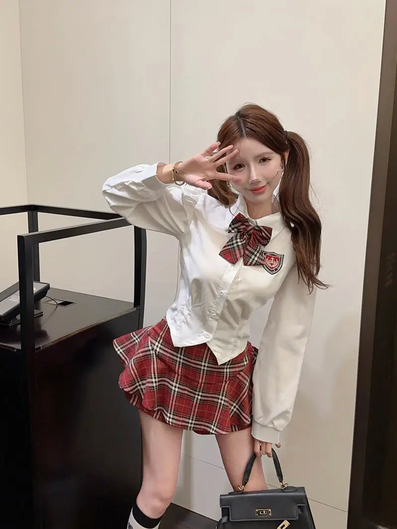 2025 improved cute sexy korea jk suit women autumn jk school uniform women shirt plaid pleated half skirt fashion two-piece set