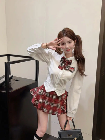 2025 improved cute sexy korea jk suit women autumn jk school uniform women shirt plaid pleated half skirt fashion two-piece set