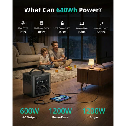 640Wh LiFePO4 Portable Power Station 600W Solar Generator Fast Charging 1.5H UPS 10ms 8 Ports for Camping Home Backup Power