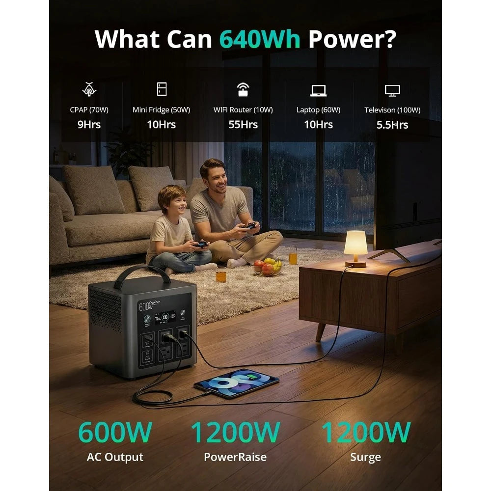 640Wh LiFePO4 Portable Power Station 600W Solar Generator Fast Charging 1.5H UPS 10ms 8 Ports for Camping Home Backup Power