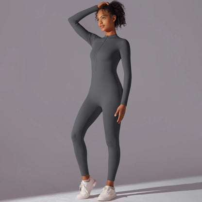 Solid Sports Jumpsuit Fashion Zipper Long Sleeve Fitness Overalls Women Sportswear Quick-dry Gym Yoga Jumpsuit