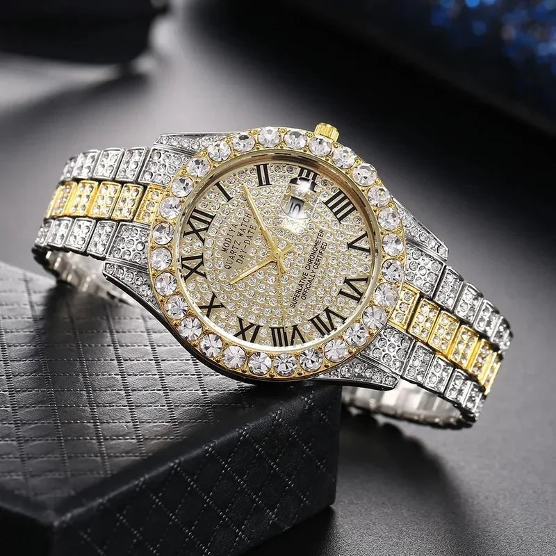 Luxury Gold Sparkling Rhinestone Iced Out Watch Unisex Quartz Calendar Wristwatch Men Women Party Jewelry Clock