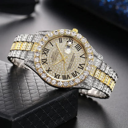 Luxury Gold Sparkling Rhinestone Iced Out Watch Unisex Quartz Calendar Wristwatch Men Women Party Jewelry Clock