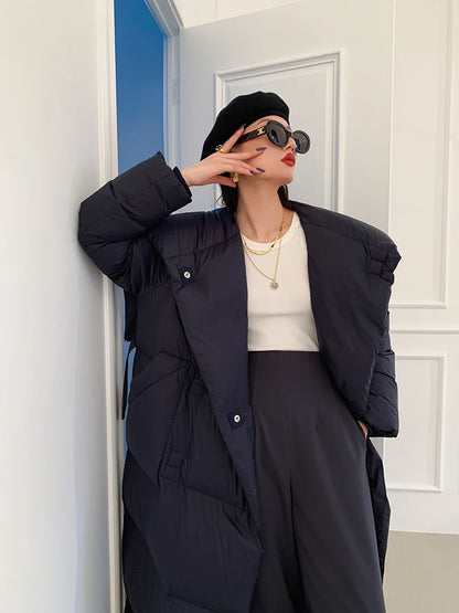 High end Ultra long White goose down Jacket For women Winter 2025 New Fashion Down Coat Female Thicken Parka Overcoat with belt