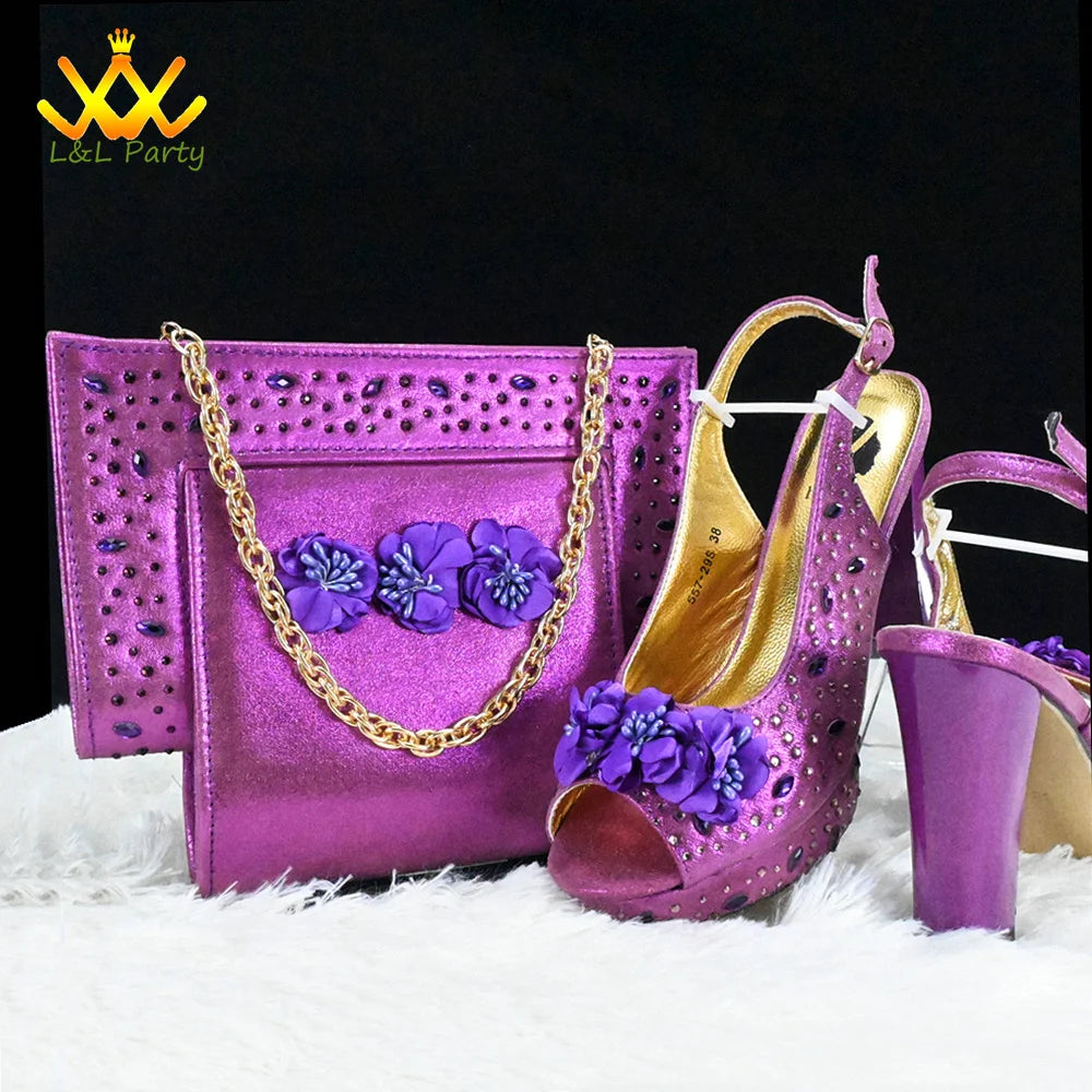 High Quality 2024 Summer New Design in Purple Color Mature Style Italian Women Shoes and Bag Set with Platform for Wedding Party