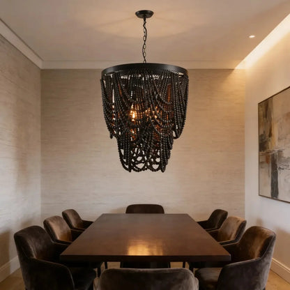 Black French Country Chandelier Large Hanging Lights Dia60 H65cm Living Room Boho Wood Bead Chandelier For Bedroom Dining Room