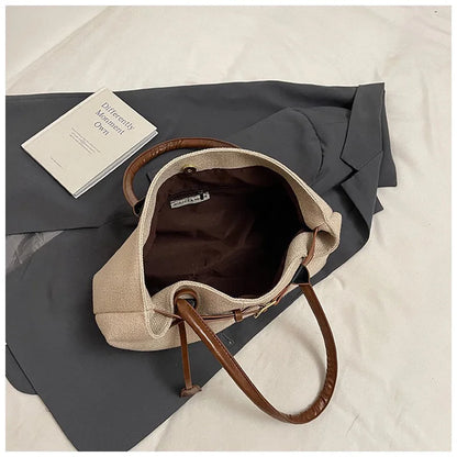 CLAREGQI  Women's Large Capacity Canvas Tote Bag, Leather Handle Shoulder Underarm Bag, Versatile Casual Commuter & Travel Handb