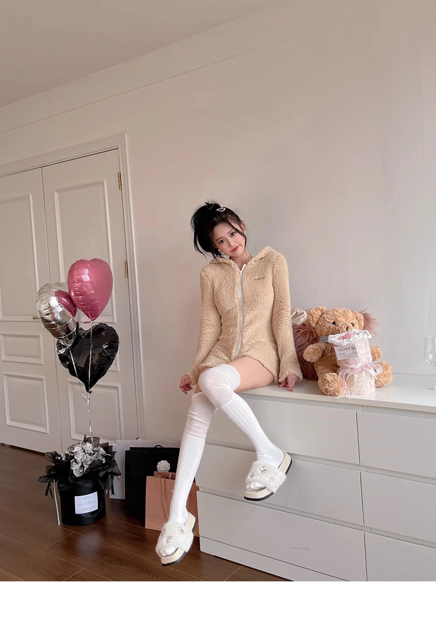 Pink Rabbit Hooded Fluffy Jumpsuits Sweet Zipper Long Sleeve Solid Color Rompers Flannel Onesie Shorts Pajamas Loungewear