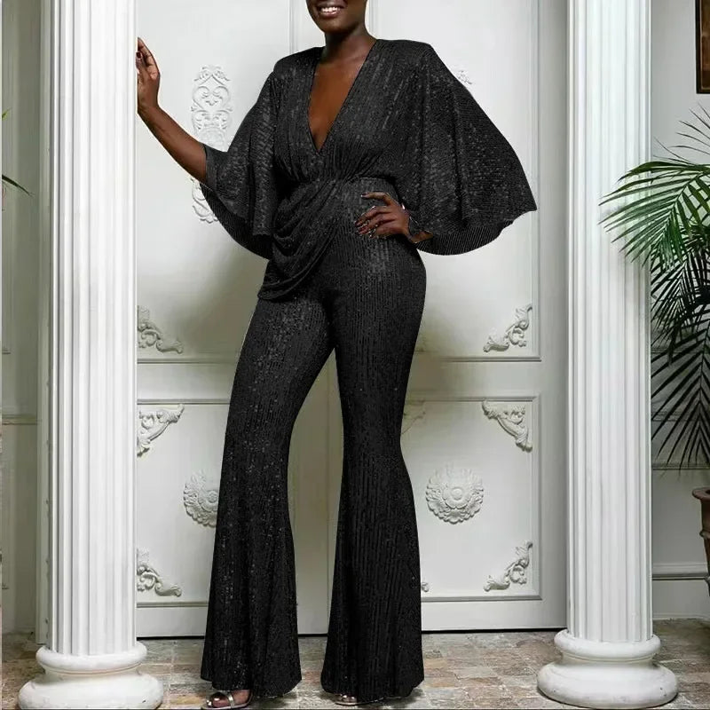 Women's Sequin Jumpsuit Sexy Deep V Backless Lady Elegant Fashion Half Sleeve Wide-leg Trousers New Party Jumpsuits