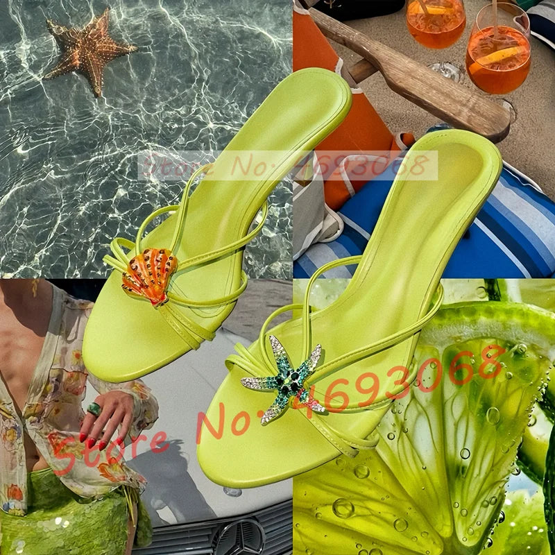 Rhinestone Shell Crab Decal Heeled Mules Women Elegant Beach Shallow High Heels Shoes Luxury Bling Cross Strap Fashion Slippers