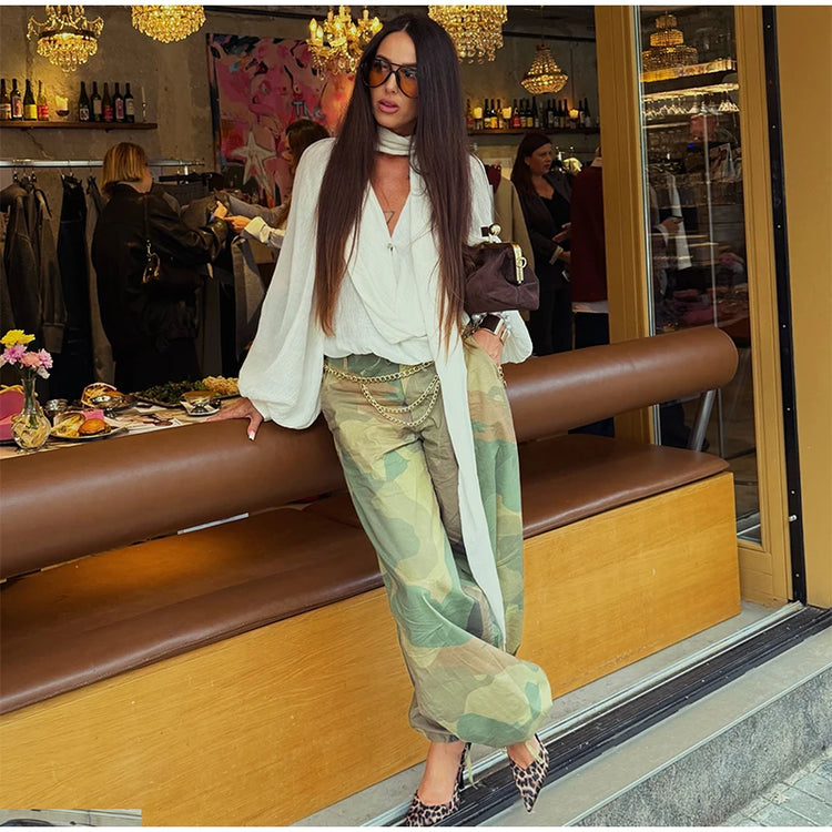 Women Camouflage Cargo Long Pants High Waist Wide Leg Drawstring Hem Baggy Trousers 2026 Autumn Casual Chic Vintage Streetwear