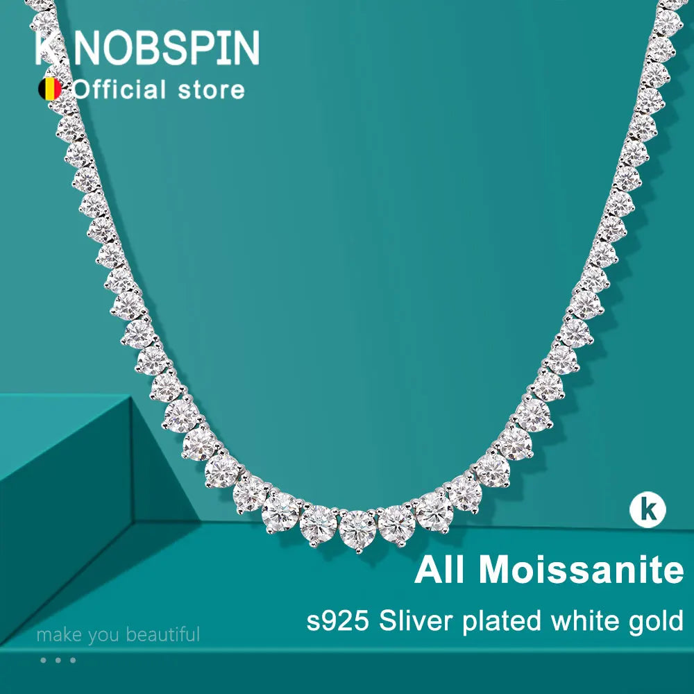 KNOBSPIN 3 Claw D VVS1 Moissanite Tennis Necklace s925 Sterling Silver 18k White Gold GRA Certified Wedding Necklaces for Women