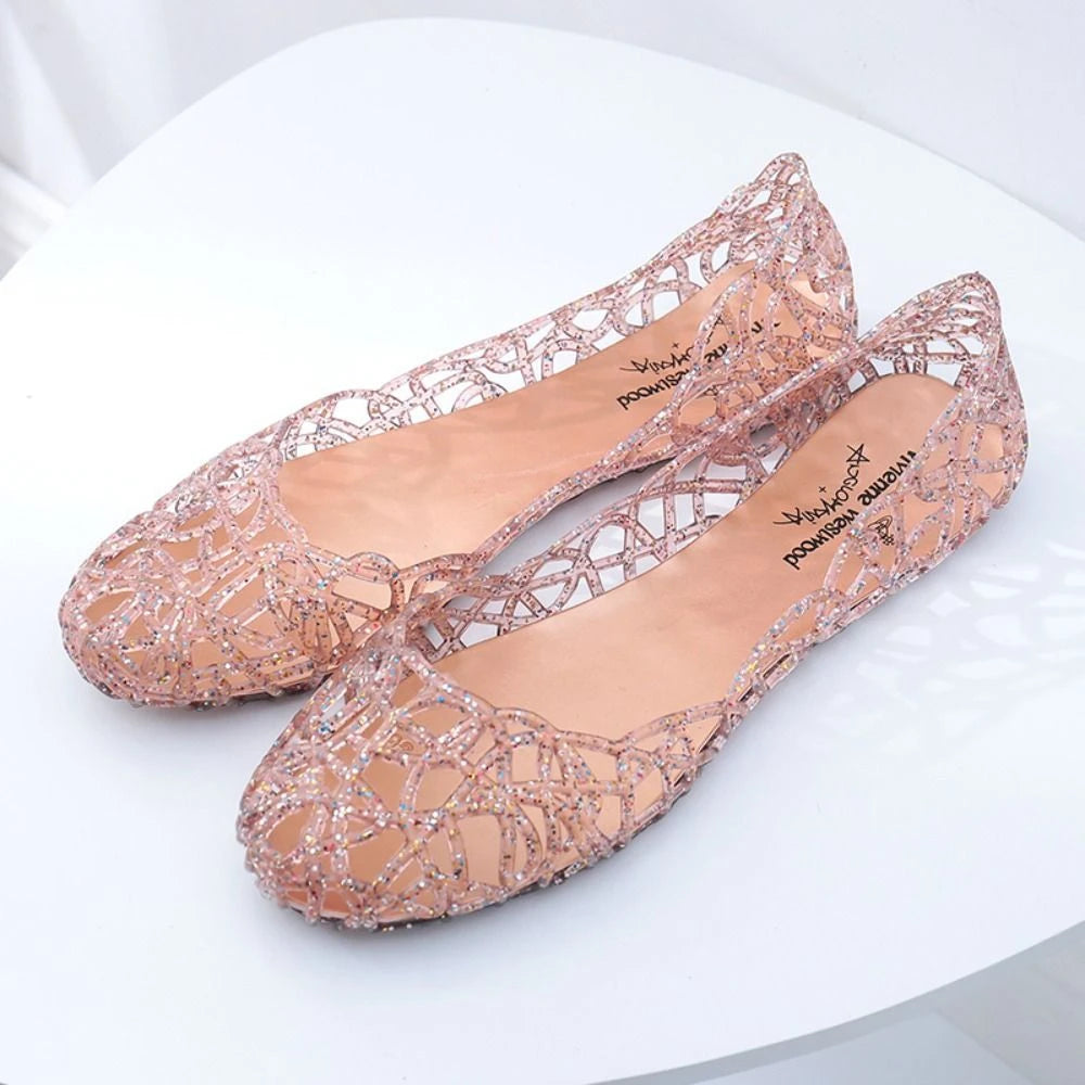 Comfortable Flat-soled Women Sandals Clear Shallow Mouth Beach Jelly Shoes Breathable Hollow Out Bling Sandals Footwear