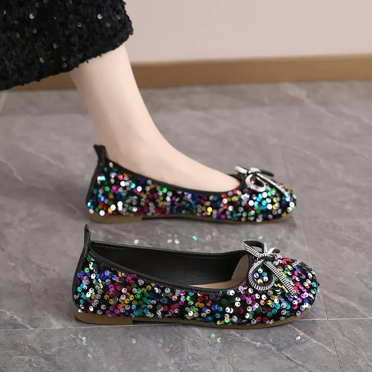 2026 Women Bling Flats Shoes Casual Walking Shoes Spring New Round Toe Bowtie Female Fashion Brand Dress Zapatillas Mujer