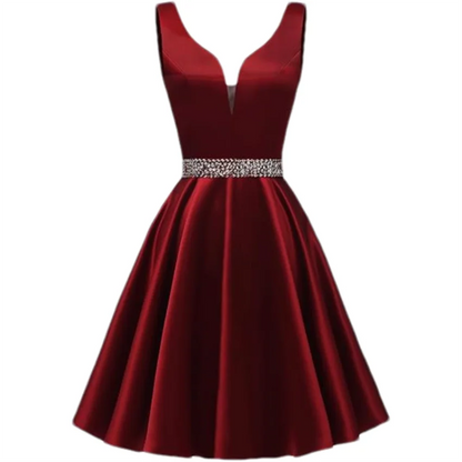 Customized Simple Satin Homecoming Dresses for Teens Short Prom Dress V-Neck Beaded Belts Evening Formal Cocktail Party Gowns