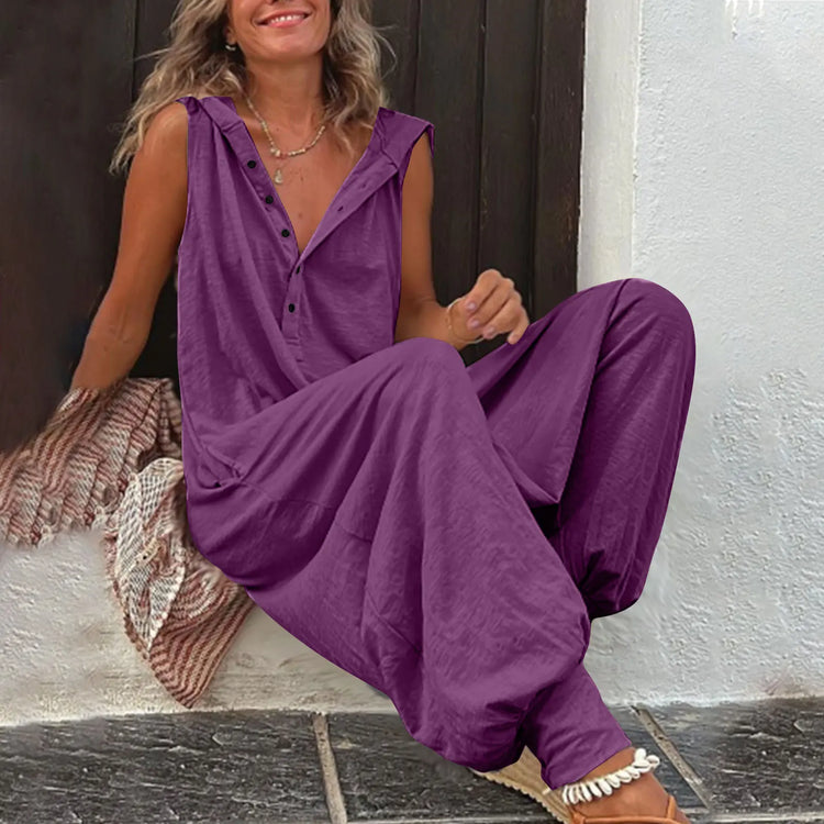 Fashionable Sleeveless Hooded Collar Jumpsuit Women Spring Summer Button Pocket Loose Casual Baggy Pants Jumpsuits Female