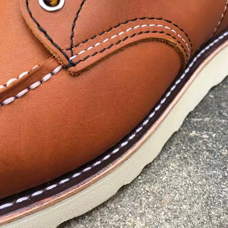 Men's Goodyear-Welted Vintage Genuine Leather Mid-calf Motorcycle Boots Round toe Casual Punk Dress Boots Work Shoes Western Red