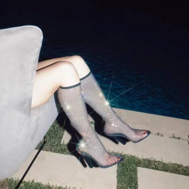 Summer Women Over The Knee Thigh High Heels Mesh Sock Boots Clear Transparent Sandals Shoes Woman Plus Size