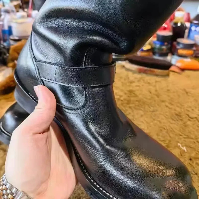 New Men'S PU Leather Boots Men'S Leather Round Middle Top Boots Flat Bottomed Boots Men'S Retro Trendy Leather Shoes