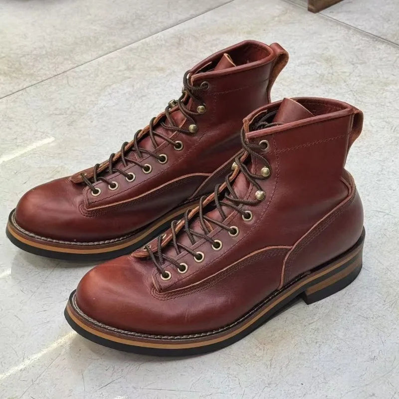 Hot Cowhide Men's Trekking Boot British Ankle Casual Sneakers Trekking Shoes Thick Soled High Top Motorcycle Boots