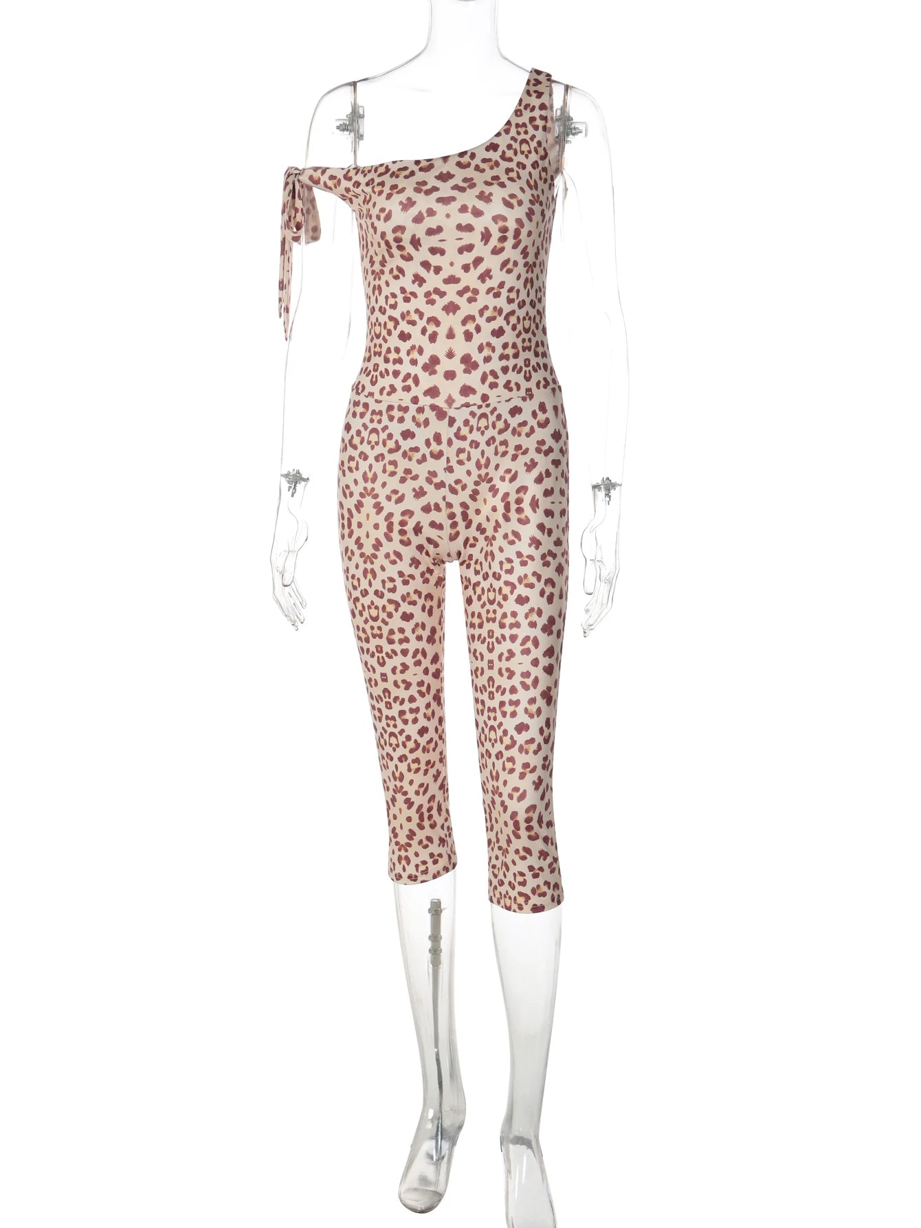 Dulzura Leopard One Shoulder Backless Lace Up Slim Jumpsuit Women'S Fashion Sexy Casual Romper Party Club Street Summer Clothes