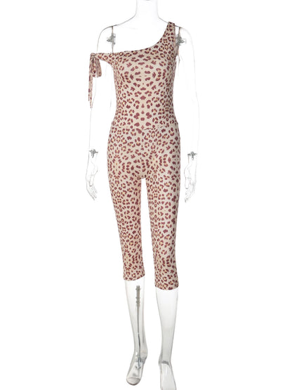 Dulzura Leopard One Shoulder Backless Lace Up Slim Jumpsuit Women'S Fashion Sexy Casual Romper Party Club Street Summer Clothes