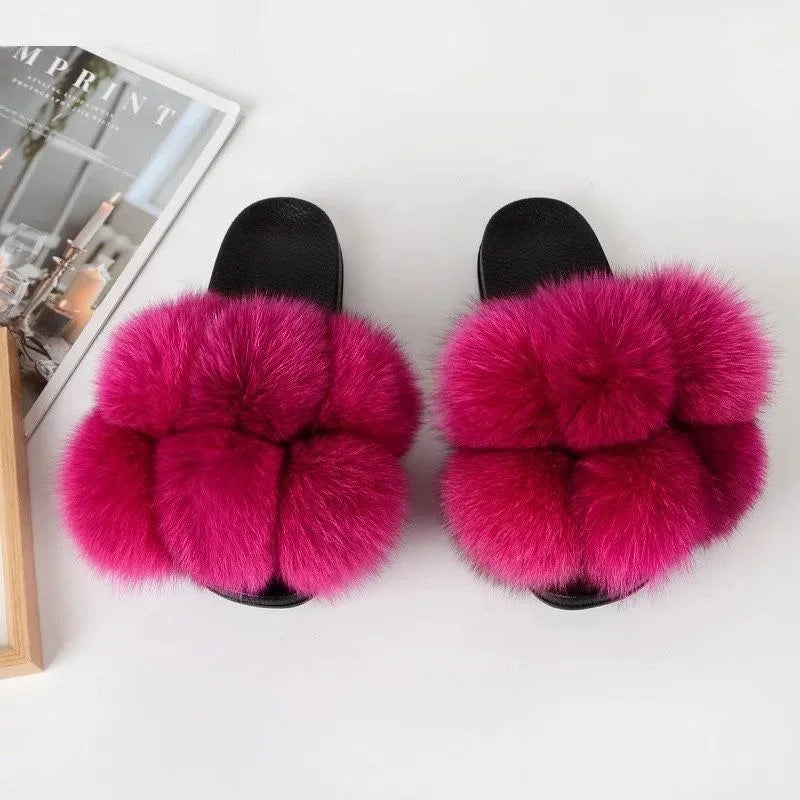 Natural Fox Fur Slippers, Fashionable Outdoor Multi-Color Animal Hair Slippers, Women's Gifts, Soft EVA Sole Slippers, On Trend