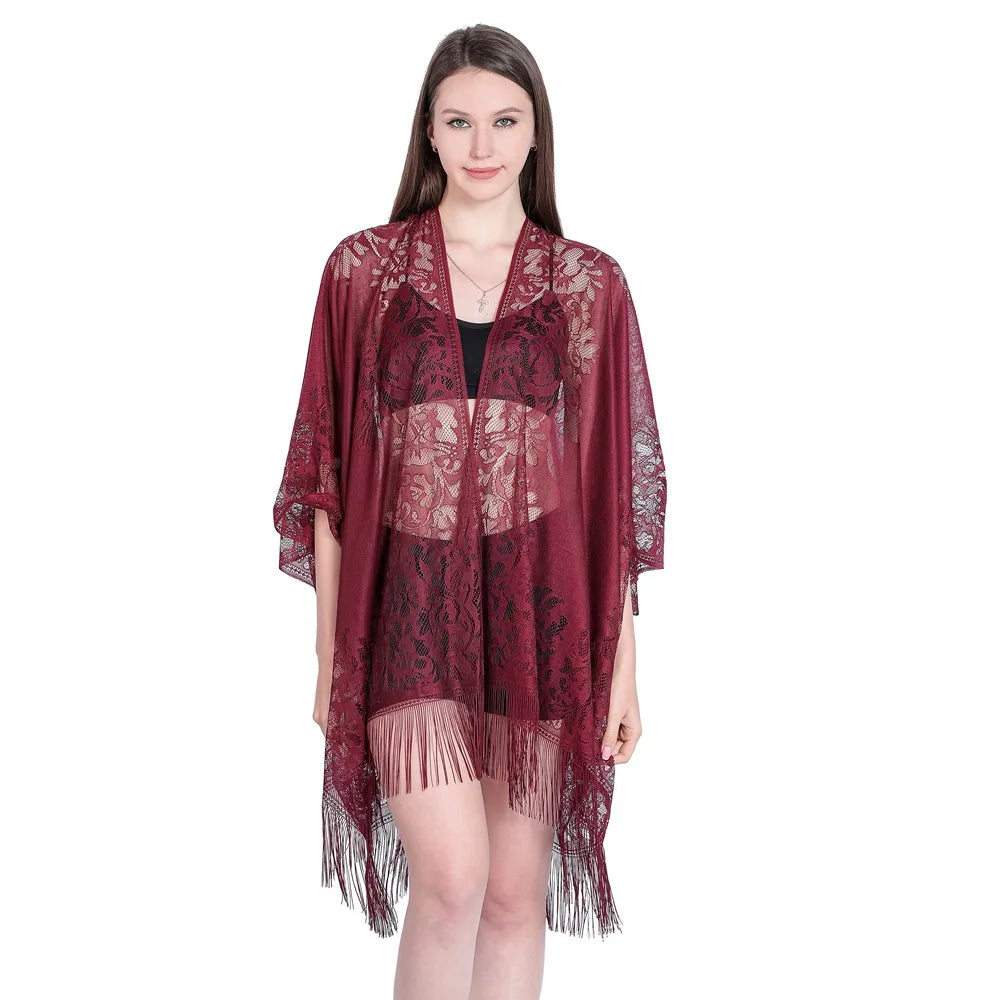 Women Sun Protection Shawl Lady Summer Hollow Out Lace Cardigan Holiday Bikini Blouse Breathable Beach Cape Sexy Long Tippet