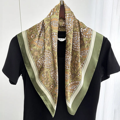 Fashion Bohemian Style Floral Print Women’s Square Silk Scarf Satin Head Wrap Tropical Leaf Flower Design Scarves Bandana Hijab