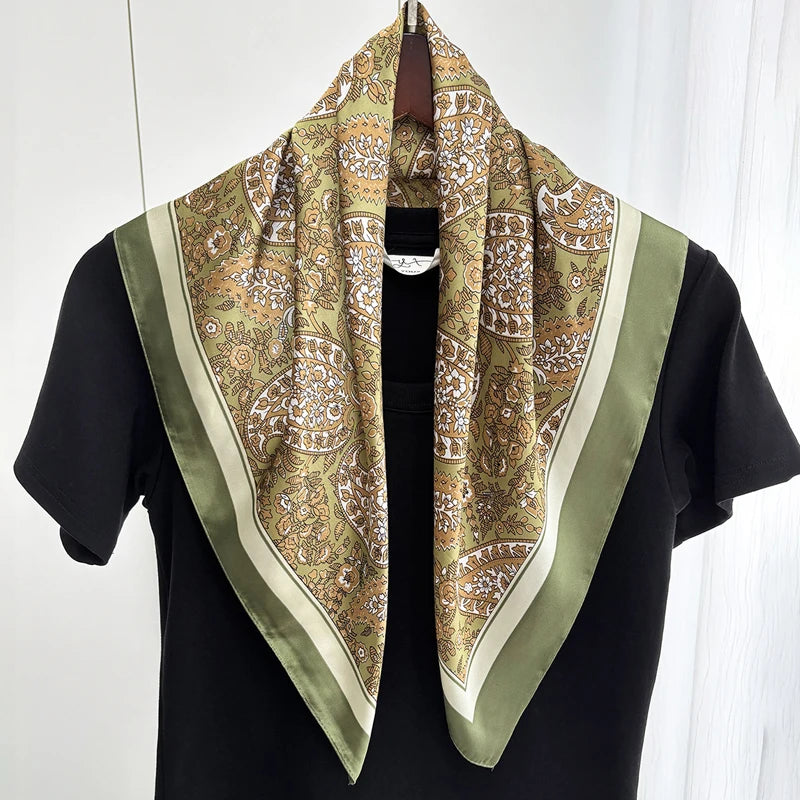 Fashion Bohemian Style Floral Print Women’s Square Silk Scarf Satin Head Wrap Tropical Leaf Flower Design Scarves Bandana Hijab