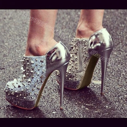 Silver Rivet Glitter Platform Pumps Side Zipper Stylish British Style Stiletto Women Casual Party Boots 2025 Zapatos Para Mujere