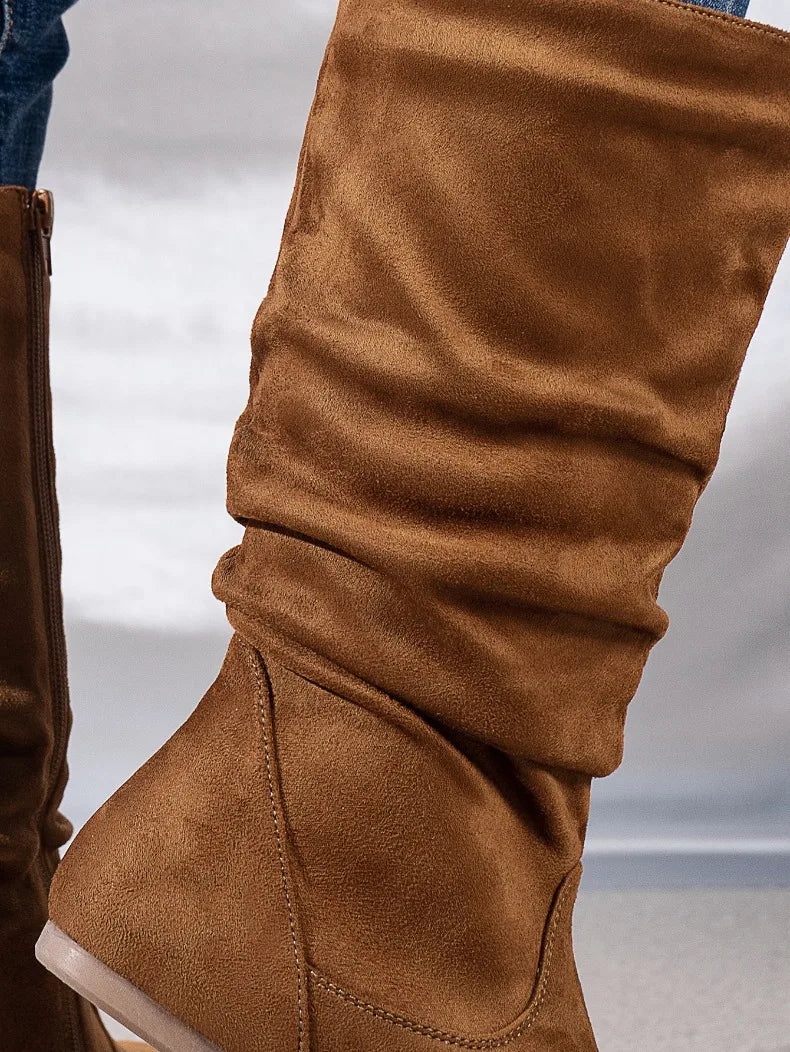 Fashion Faux Suede Mid-calf Boots for Women Plus Size Autumn and Winter New Round Toe Side Zipper Pleated Flat Boots Botas Mujer