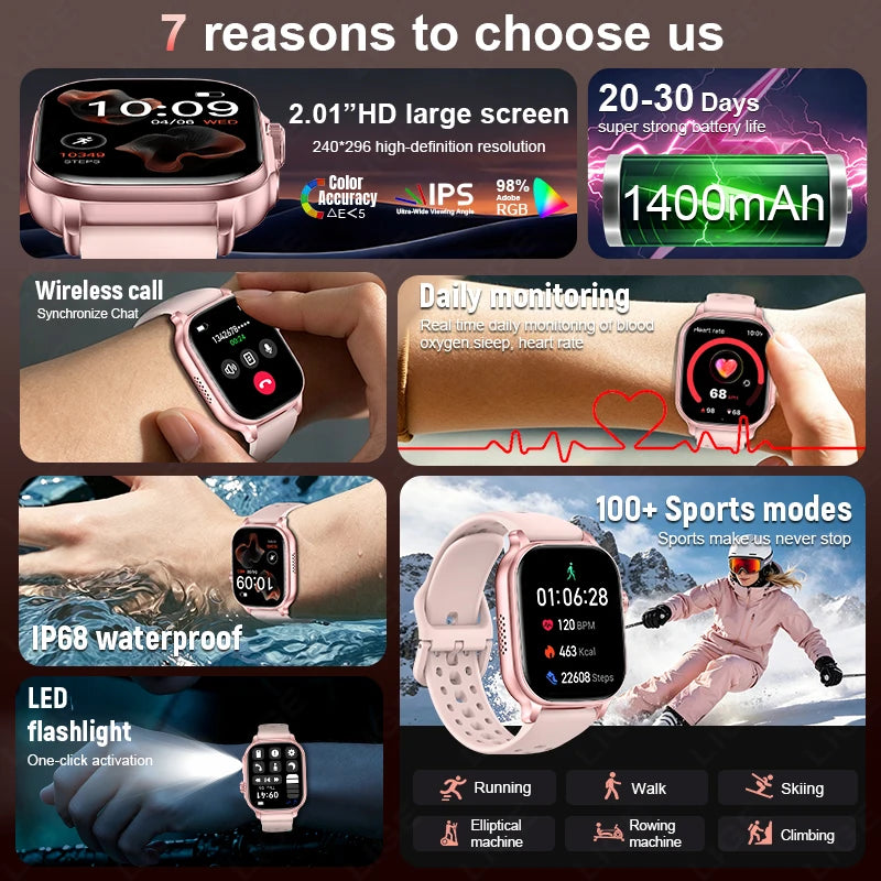 LIGE 2026 New Built-in 1400mAh Super Large Battery Women Men Smart Watch Outdoor 2.01" Screen IP68 Waterproof BT Call Smartwatch