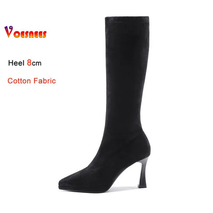 Black Knee High Boots For Women Pointed Toe 10cm High Heel Platform Side Zipper Slim Party Tall Boots Autumn Winter Lady Shoes