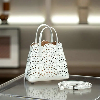 Brand Designer Luxury High Quality Mini Cowhide Shoulder Handbags 2025 Hollow Fashion Large Capacity Genuine Leather Bucket Bag