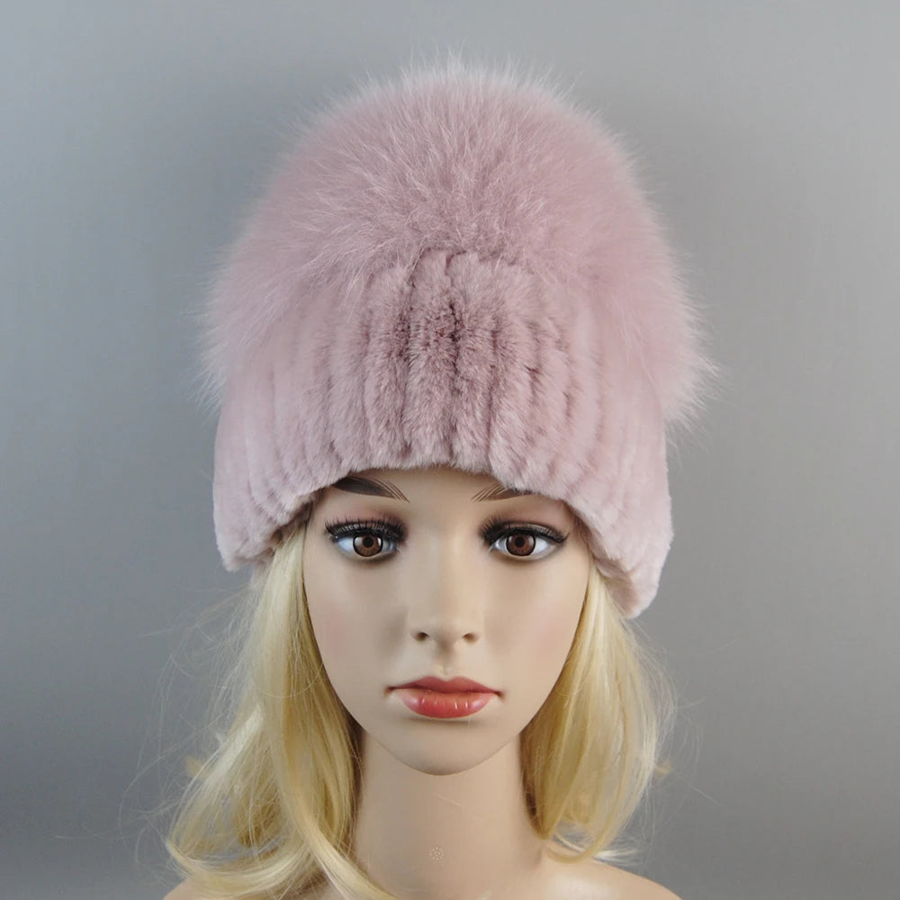 New Winter Lady Brand Hand Make Real Genuine Fox Fur Hat Scarf Girls Natural Real Rex Rabbit Fur Ring Cap Real Fur Scarves Hats