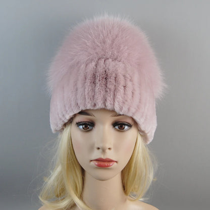 New Winter Lady Brand Hand Make Real Genuine Fox Fur Hat Scarf Girls Natural Real Rex Rabbit Fur Ring Cap Real Fur Scarves Hats