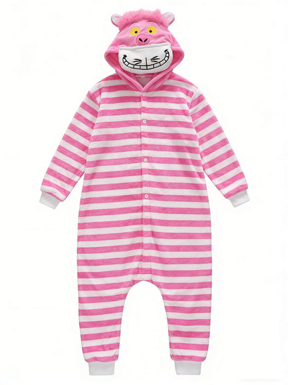 Cheshire Cat Cartoon One-Piece Pajamas Flannel Men and Women  Home Wear Autumn and Winter Home Clothing for Autumn and Winter
